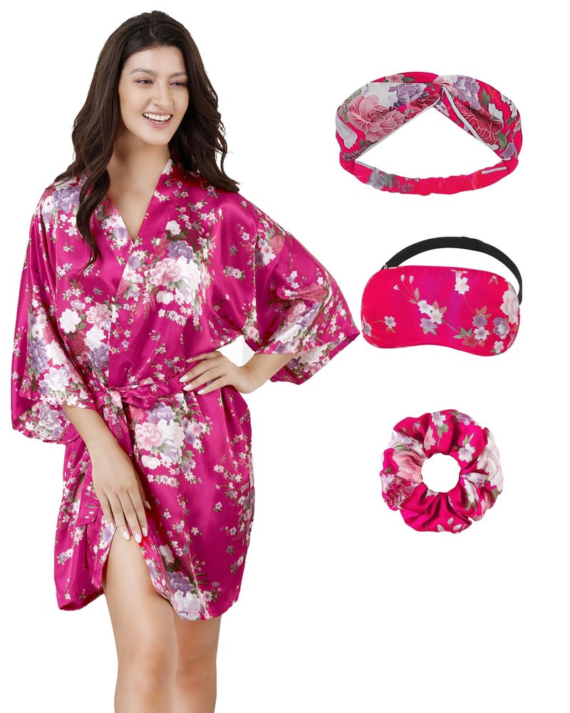 EPLAZA Women Floral Satin Robe Bridal Dressing Gown Wedding Bride Bridesmaid Kimono Sleepwear (Rose, Small-Medium) - Image 1